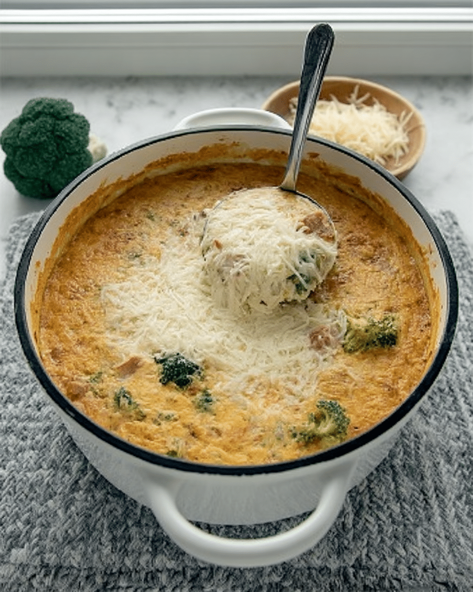 High Protein Broccoli Cheddar Soup 8 Ingredients for high-protein broccoli cheddar soup arranged on a wooden cutting board.