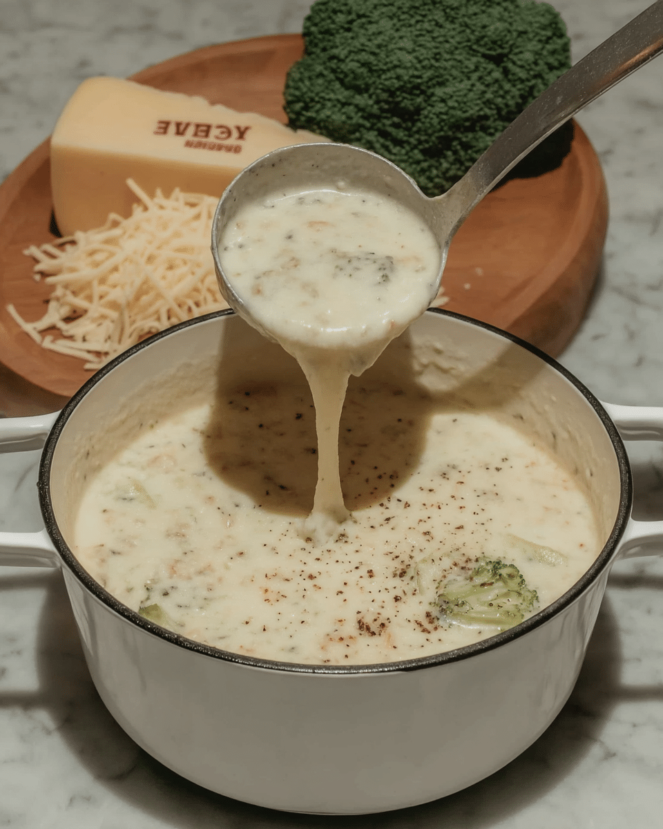 High Protein Broccoli Cheddar Soup 9 A hand holding an immersion blender in a pot of high-protein broccoli cheddar soup.