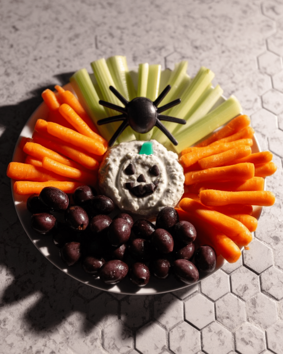 Halloween Pumpkin Veggie Tray 8 A flat lay of the ingredients needed for the Halloween pumpkin veggie tray, including carrots, black olives, orange bell pepper, and cucumber.
