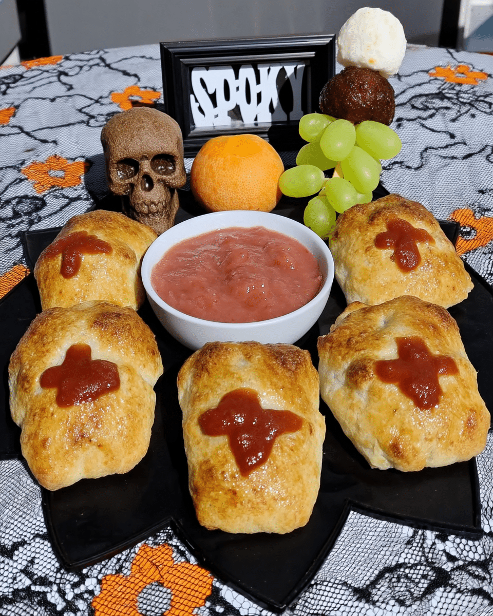 Meatball Mummies 8 An array of ingredients for Meatball Mummies, including pizza dough, meatballs, spaghetti, and edible eyeballs.