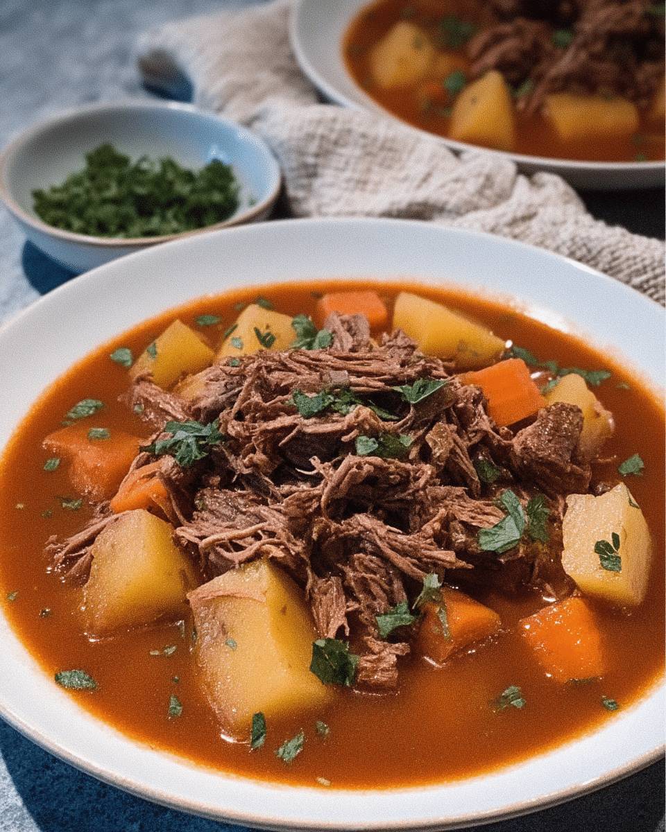 Pot Roast Soup 8 An array of ingredients for pot roast soup, including diced onion, minced garlic, sliced carrots, peeled and diced potatoes, beef broth, leftover pot roast beef, a can of tomato sauce, Italian seasoning, salt, pepper, and fresh parsley.