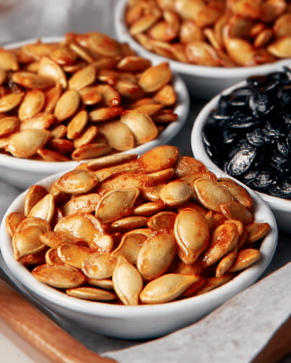 Crispy Roasted Pumpkin Seeds 8 An overhead shot of the ingredients for roasted pumpkin seeds, arranged neatly on a wooden surface.