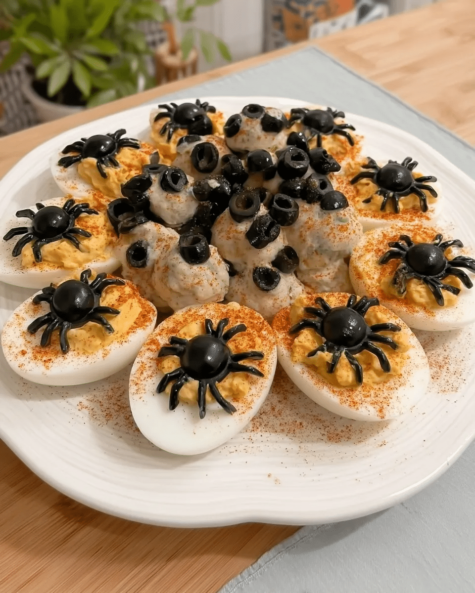 Spider Deviled Eggs 8 A table with all the ingredients needed to prepare Spider Deviled Eggs.