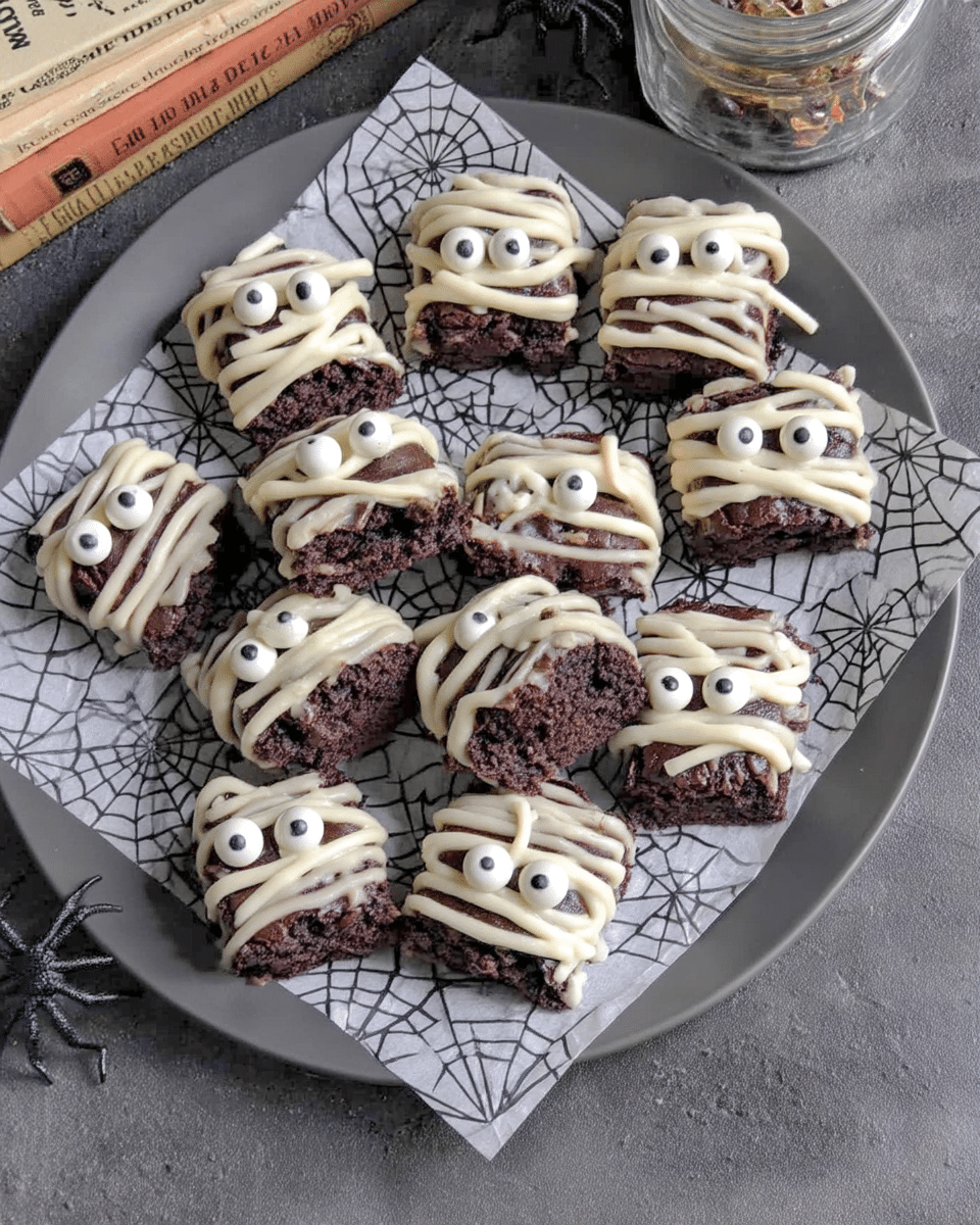 Spooky Mummy Brownies 8 A flat lay of the ingredients for Spooky Mummy Brownies, including butter, chocolate chips, eggs, flour, sugar, cocoa powder, white chocolate, and candy eyes.
