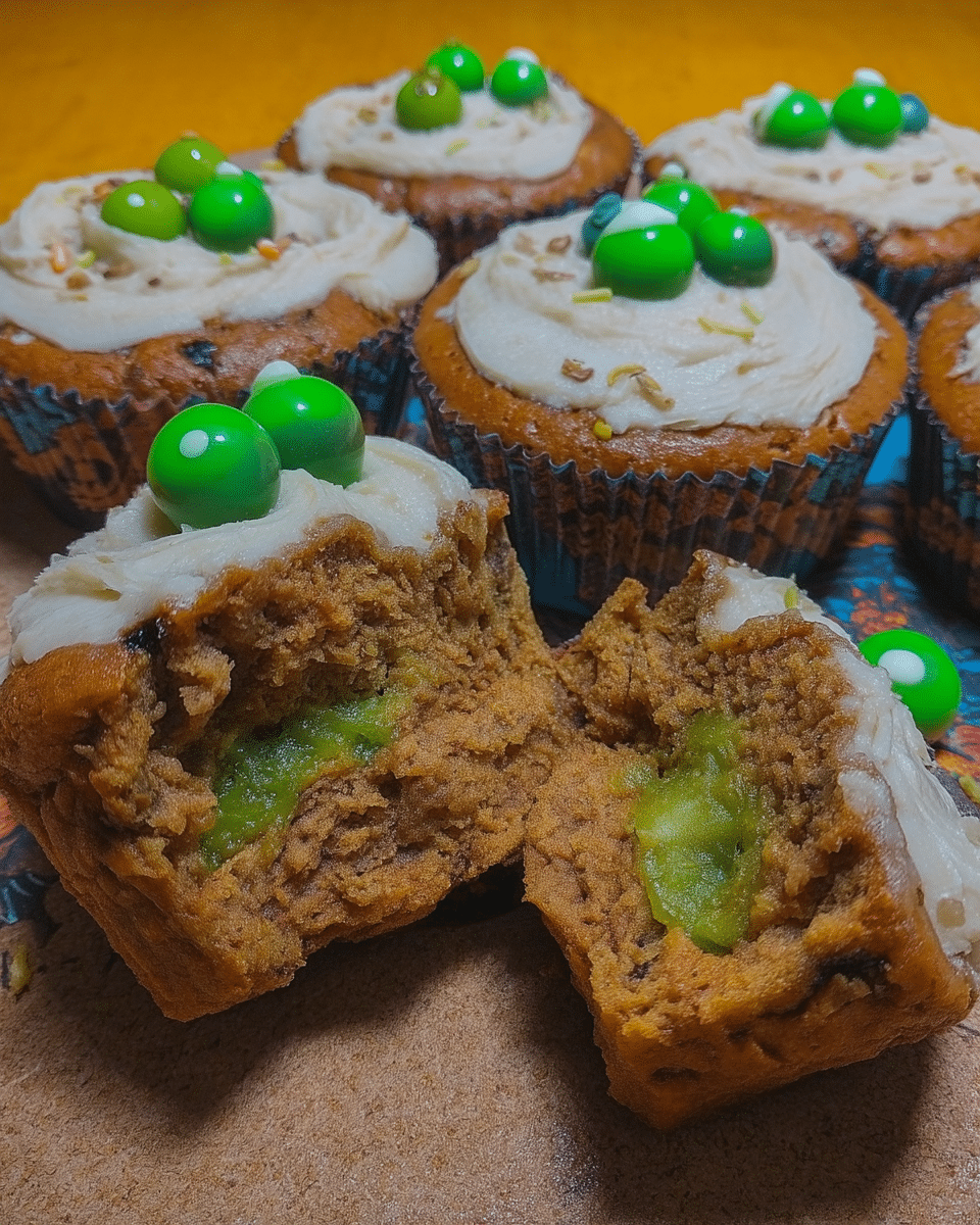 Witch Cauldron Brownie Bites 8 Ingredients for Witch Cauldron Brownie Bites arranged on a table: brownie mix, green frosting, sprinkles, pretzel sticks, and a mini cupcake pan.