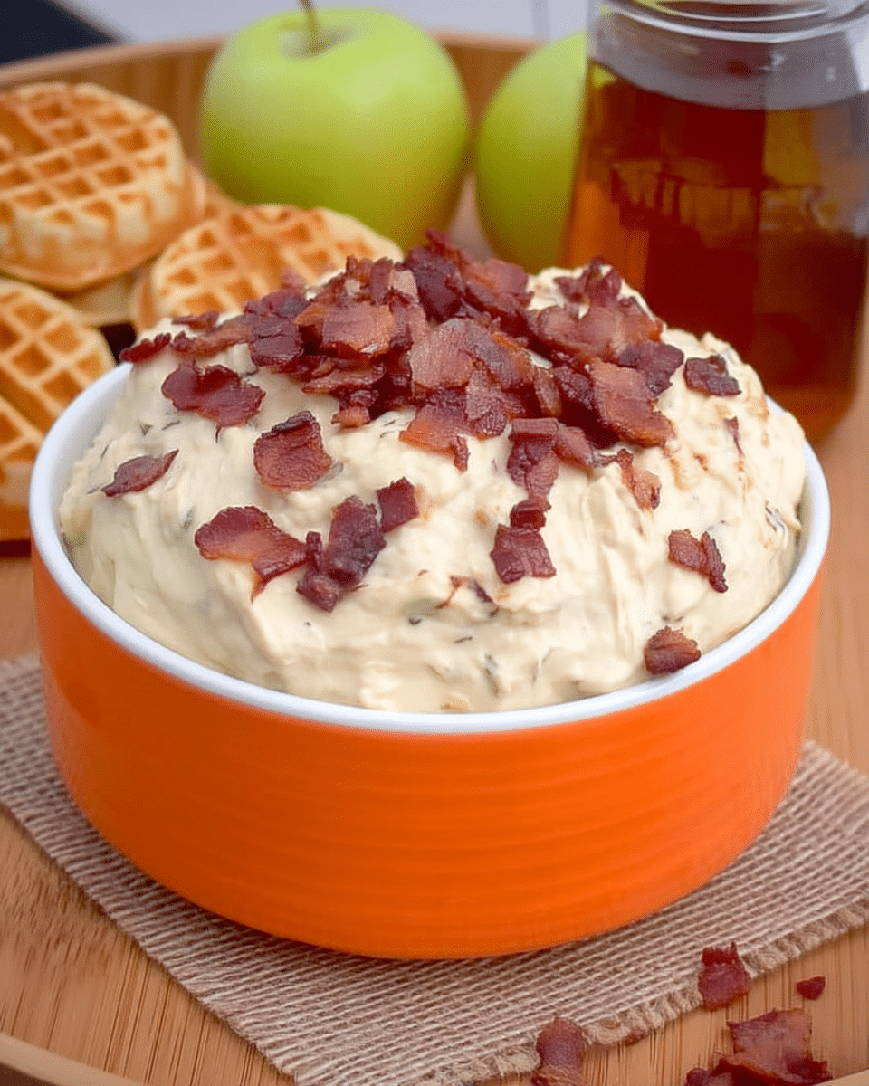 Bacon Dip with Maple Syrup 10 Different serving suggestions for Maple Bacon Dip, such as apples, graham crackers, and mini waffles.