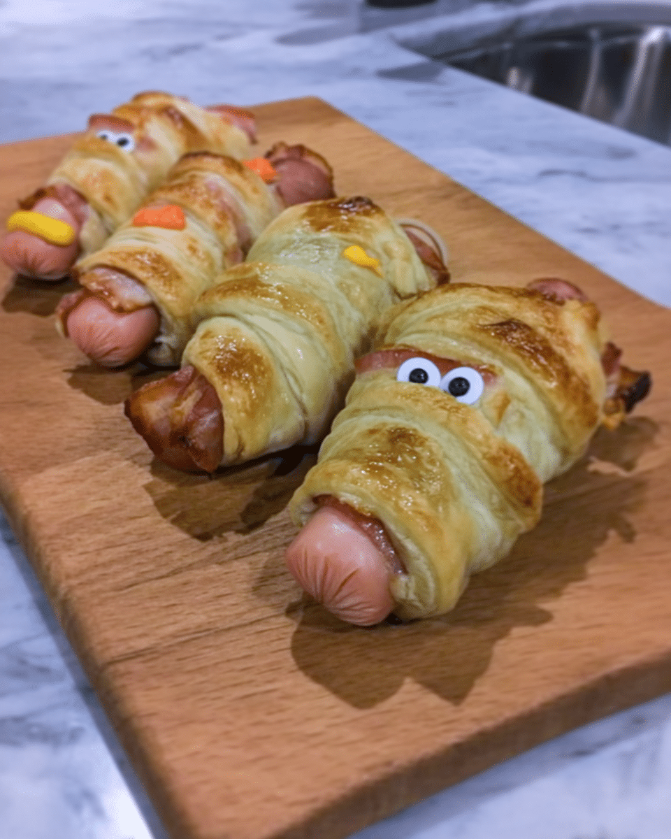 Mummy Hot Dogs 10 Mummy hot dogs on a plate with dipping sauces.