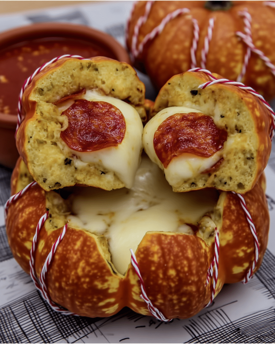 Pepperoni Pizza Pumpkins 10 Pepperoni Pizza Pumpkins served on a plate with marinara sauce for dipping.