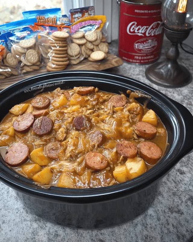 Polish Sausage Sauerkraut Potatoes 9 The dish simmering in a skillet.