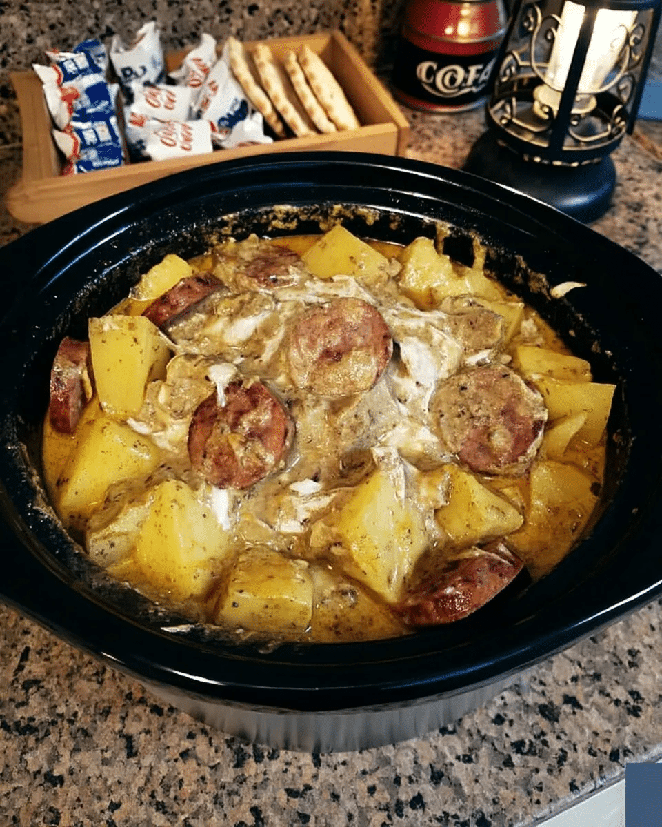 Polish Sausage Sauerkraut Potatoes 8 Ingredients for Polish sausage, sauerkraut, and potatoes arranged on a table.