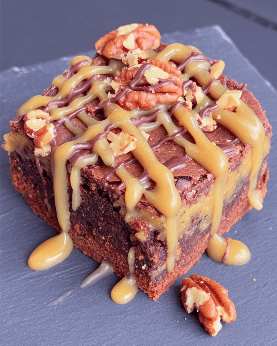 Healthy Caramel Pecan Brownies 9 A hand holding a brownie with a backdrop of other brownies and ingredients, illustrating tips and tricks for making perfect healthy caramel pecan brownies.