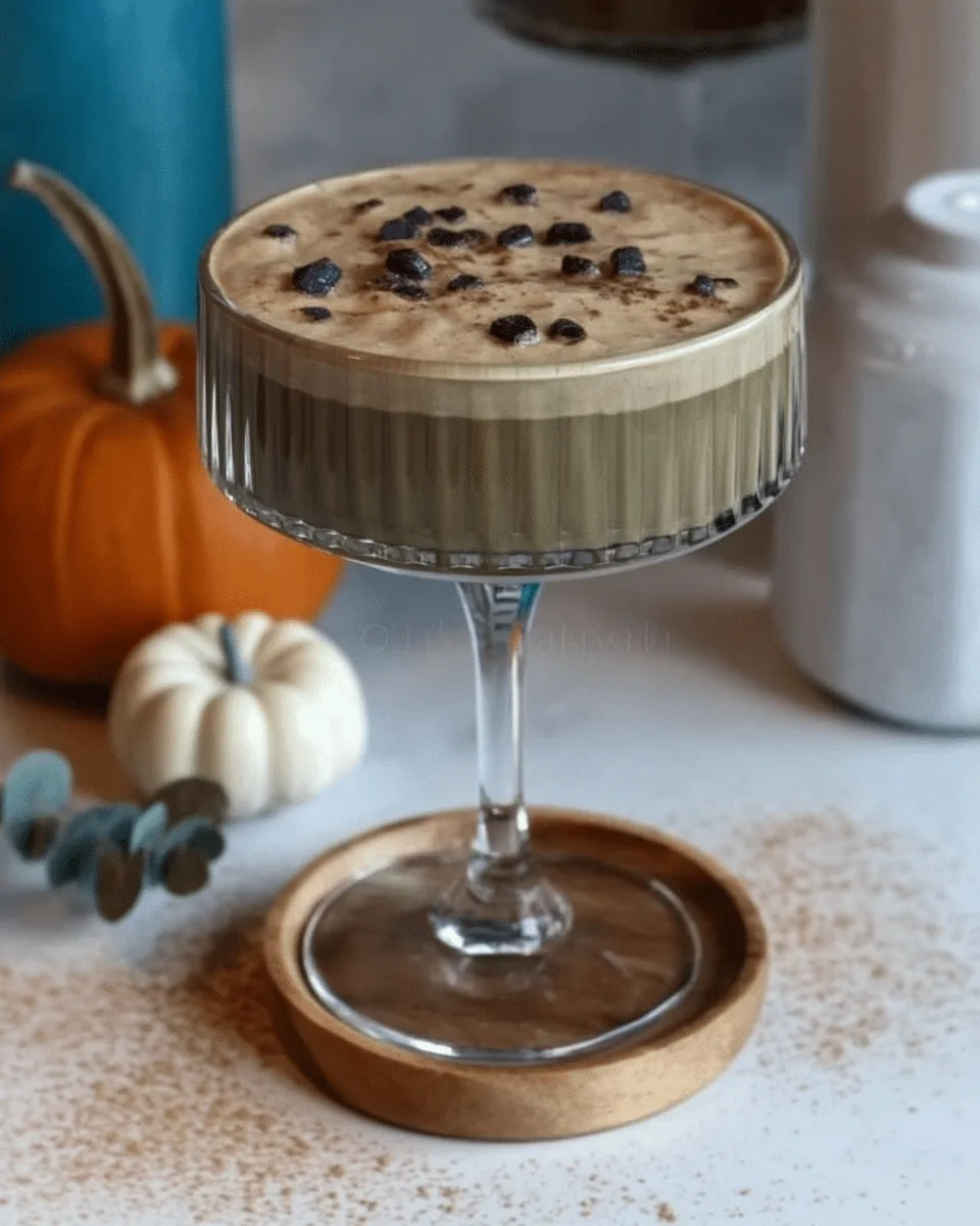 A close-up of a Pumpkin Spice Espresso Martini garnished with a sprinkle of pumpkin pie spice.