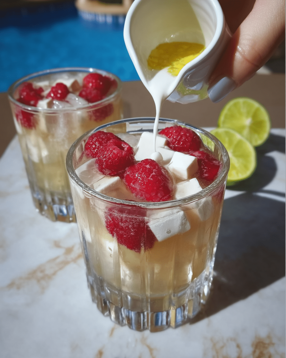Raspberry Dream Dirty Soda 8 Ingredients for Raspberry Dream Dirty Soda arranged on a table: ice, raspberry syrup, coconut cream, lime, vanilla extract, and Sprite.