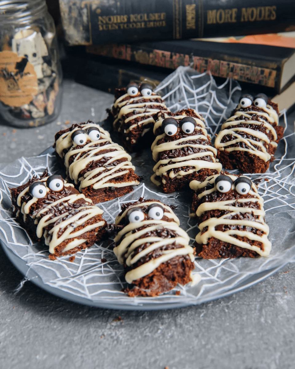 Spooky Mummy Brownies 10 Spooky Mummy Brownies served on a plate with a glass of milk.
