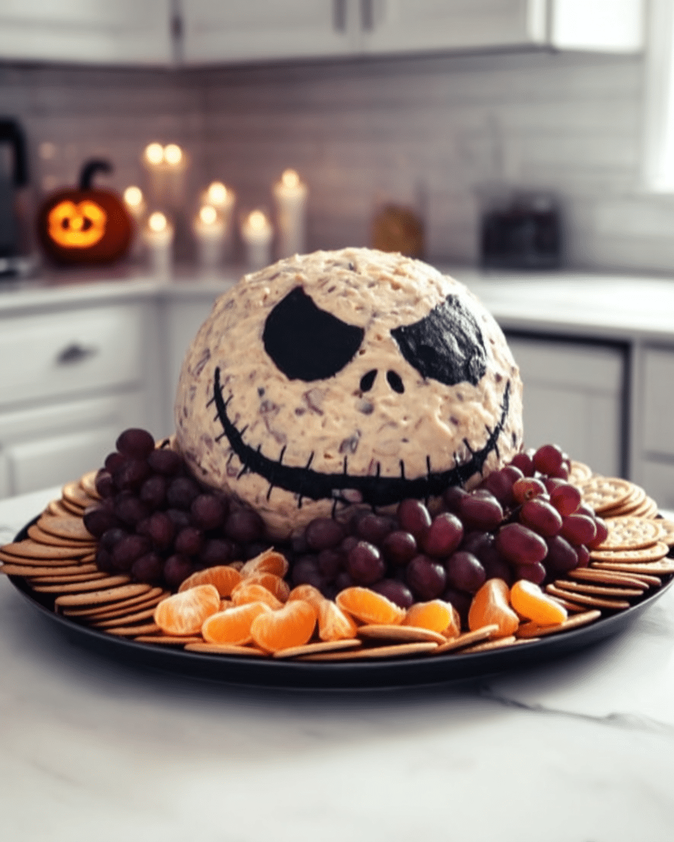 Skellington Cheese Ball 9 Hands shaping the cheese mixture into a skull-like ball.
