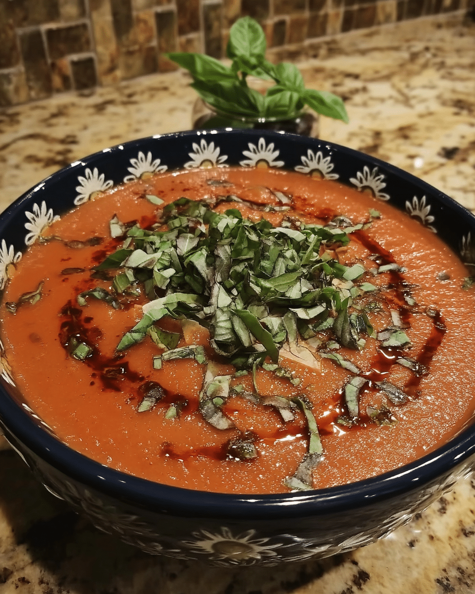 Spicy Tomato Basil Soup with Cayenne-Infused Oil 8 Ingredients for Spicy Tomato Basil Soup arranged on a wooden table.