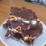Close-up of Sweet and Salty Halloween Bark with candy corn and pretzel pieces