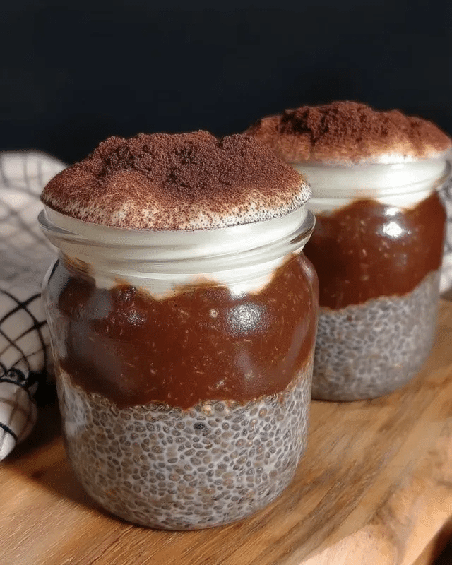 Tiramisu Chia Pudding 9 Two jars of layered Tiramisu Chia Pudding with toppings.