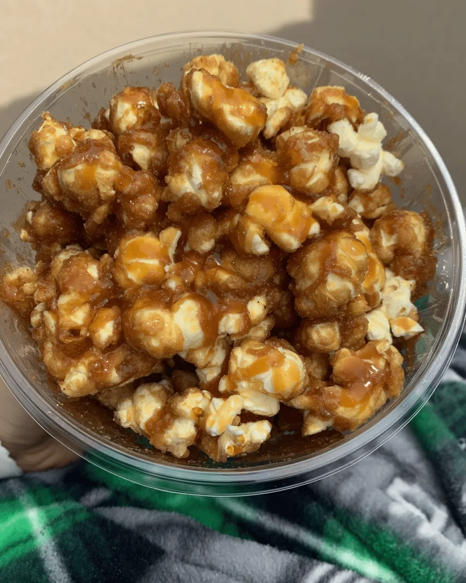 A close-up image of White Chocolate & Peanut Butter Popcorn, showing the white chocolate coating, peanuts, and candy corn.