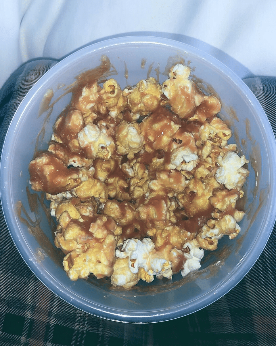 White Chocolate Peanut and Butter Popcorn 9 White Chocolate & Peanut Butter Popcorn being drizzled with melted chocolate.