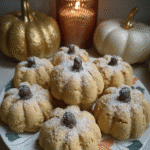 Close-up of several Pumpkin Cheesecake Truffles on a plate, dusted with sugar and topped with chocolate chips.
