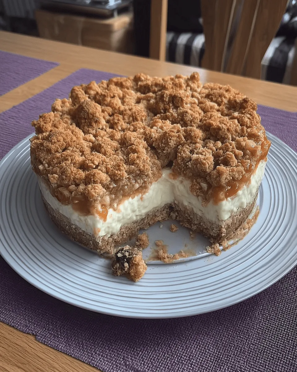 A whole apple crumble cheesecake on a white ceramic cake stand, with a slice already cut out to show the layers.