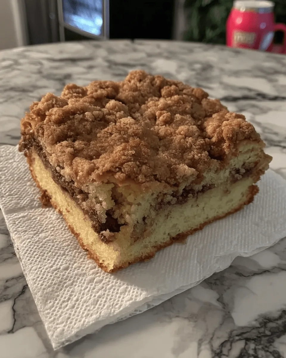 A slice of moist coffee cake with a cinnamon swirl and streusel topping on a white plate.