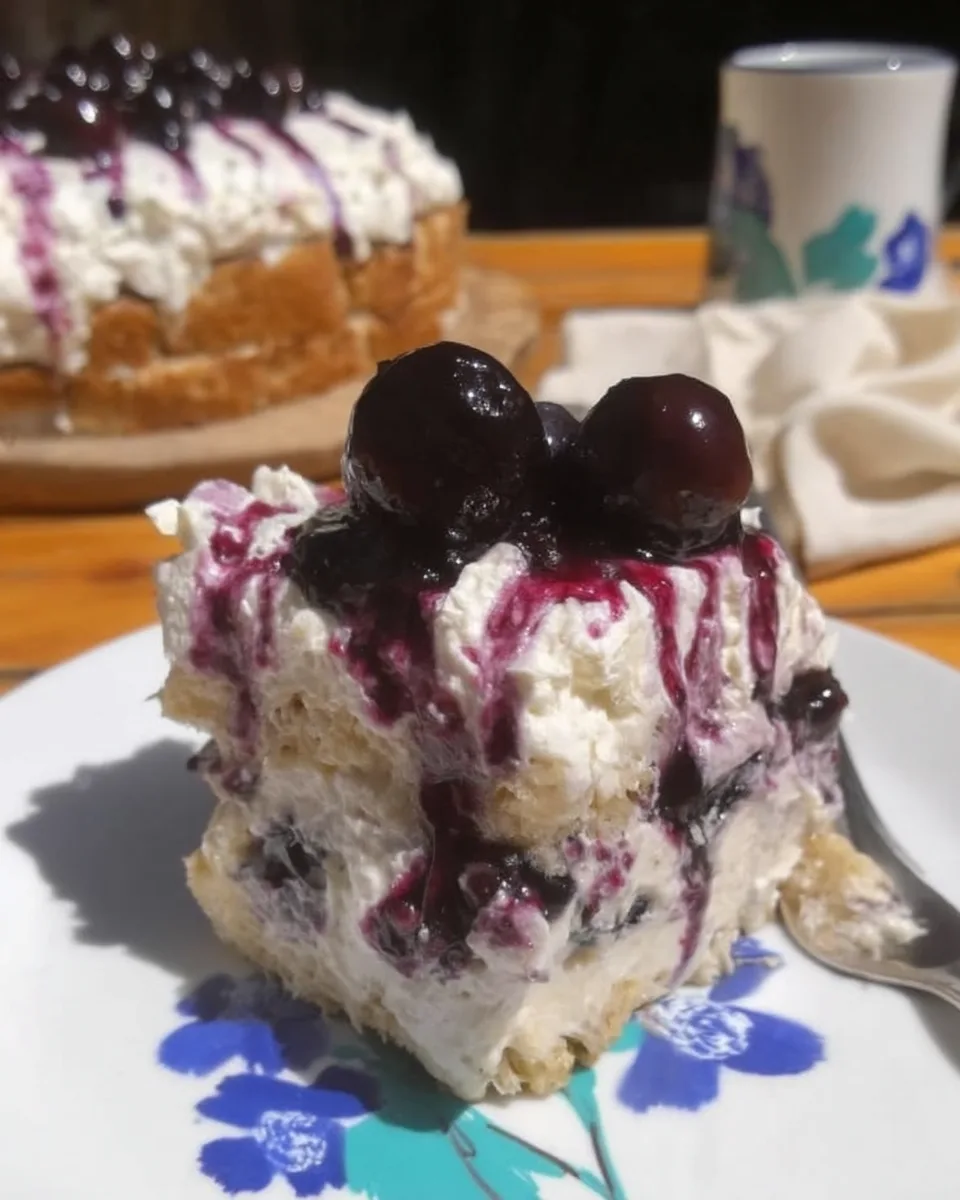 A single slice of lemon blueberry sheet cake on a white plate, showing the tender crumb, blueberries, and swirls of blueberry curd in the mascarpone frosting.