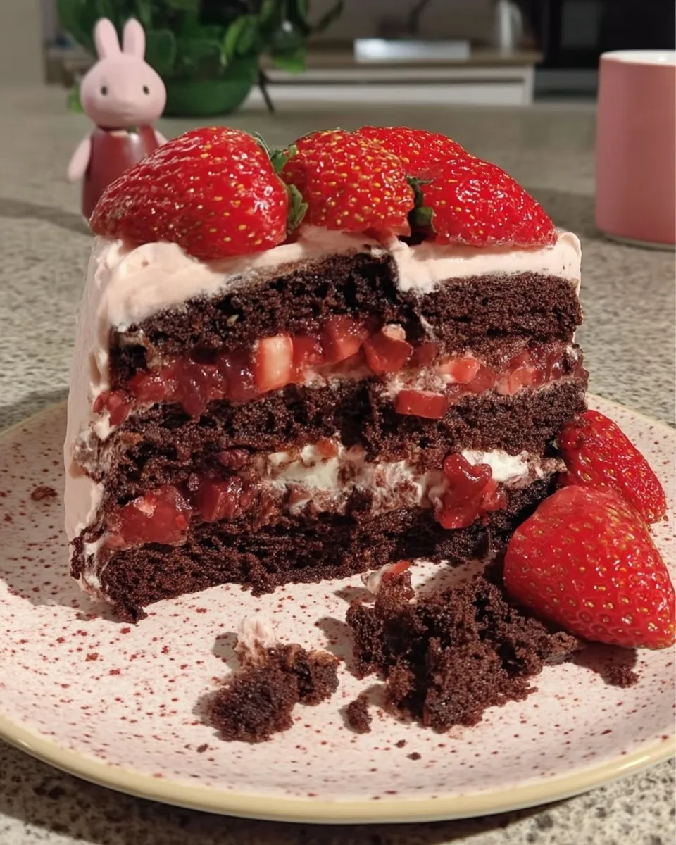 A fully assembled and decorated strawberry chocolate cake on a white cake stand.