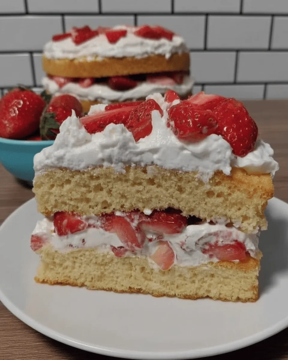 A beautiful whole strawberry shortcake layer cake on a white cake stand, topped with fresh strawberries.