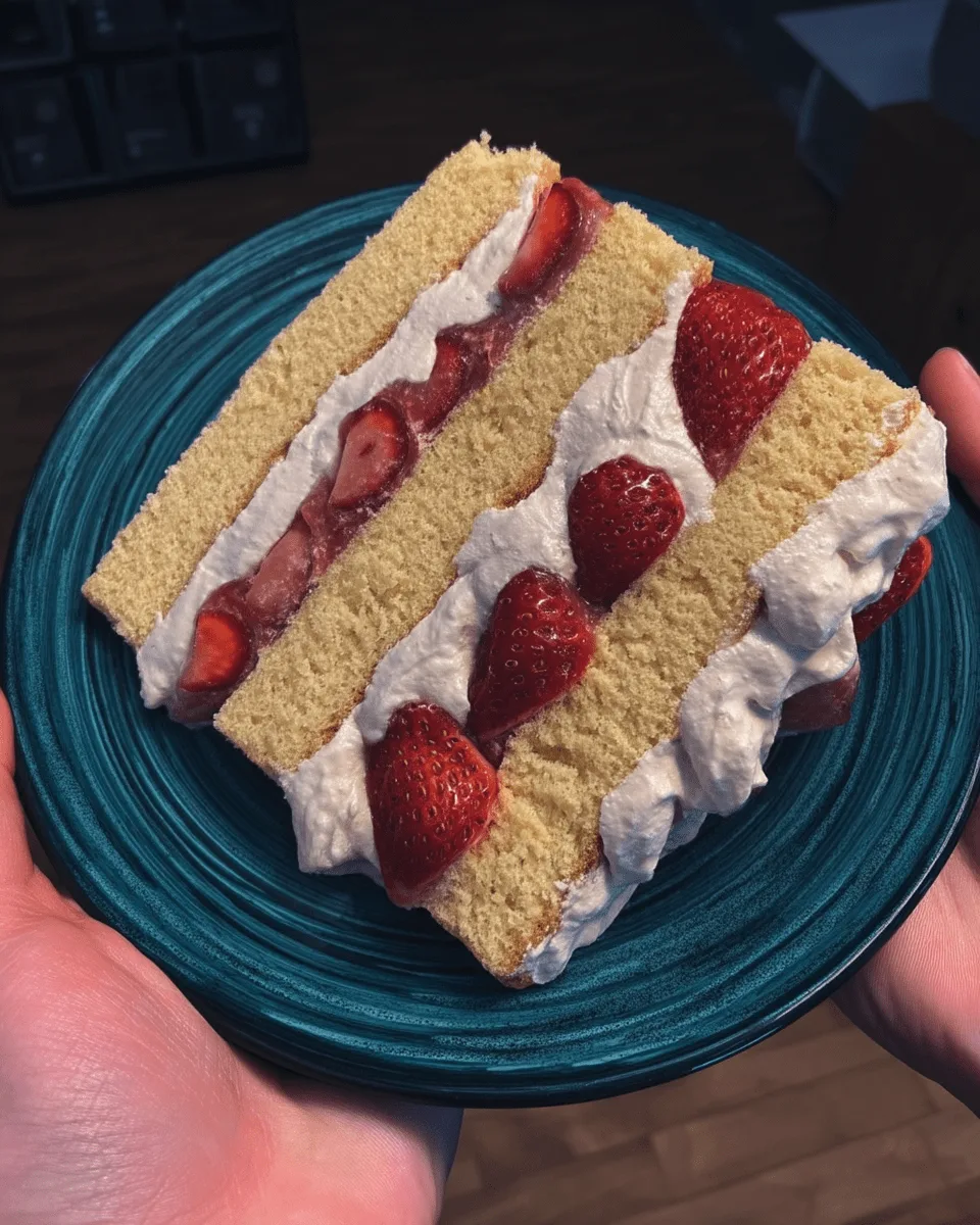 A whole strawberry shortcake sponge cake beautifully decorated with whipped cream and fresh strawberries on a white cake stand.