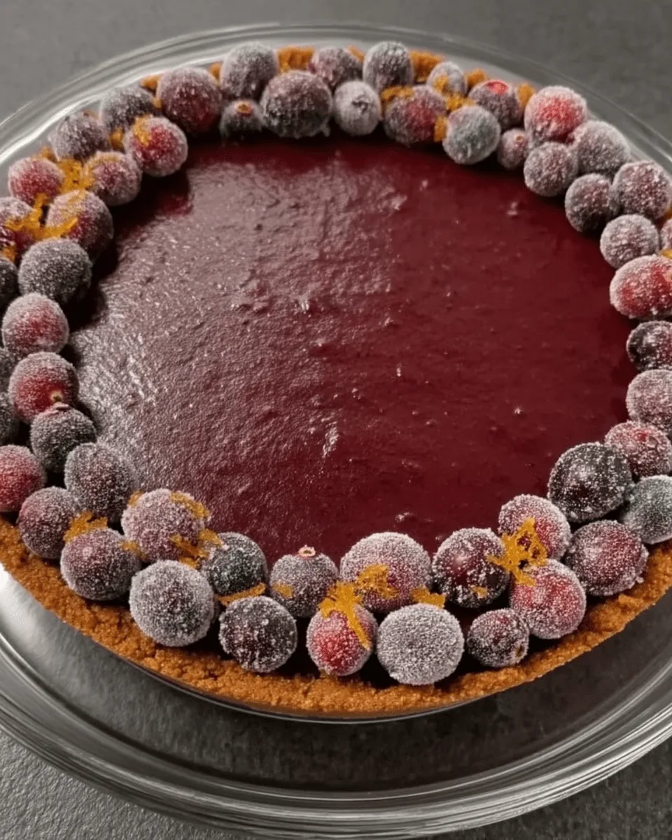 A whole cranberry orange curd tart with a golden ginger shortbread crust, shown on a white cake stand.